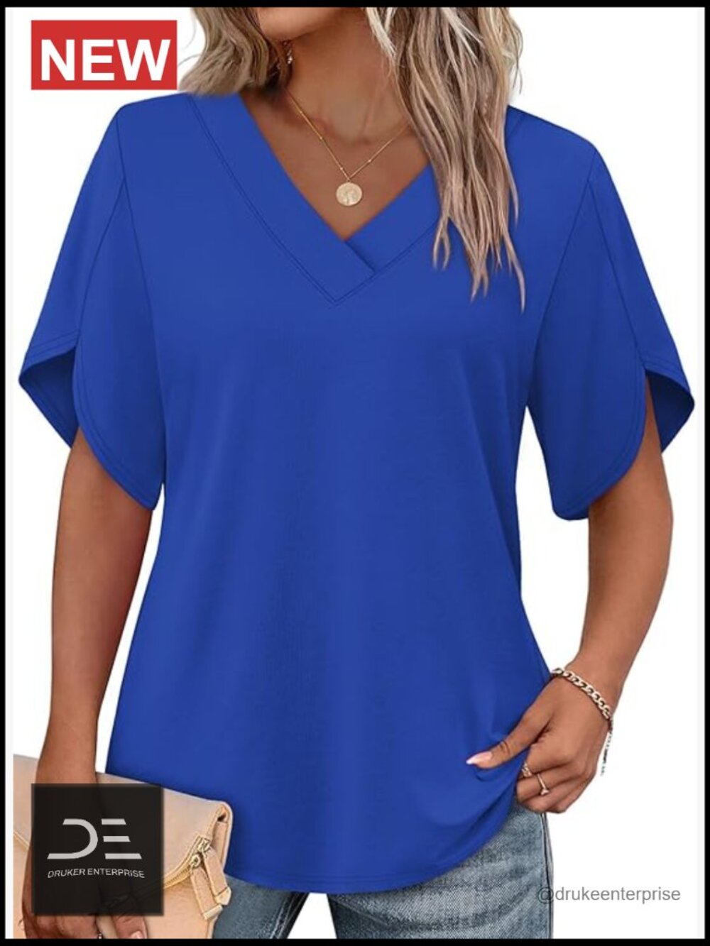 V-Neck Short Petal Sleeve T-Shirt Blouse Loose Fit Summer Top